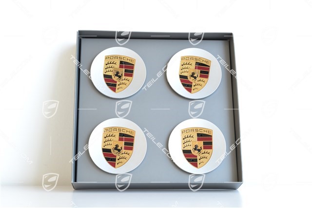 Radzierdeckel Satz (4 Stück), mit farbigem Porsche Wappen, für 18-Zoll Panamera / Panamera S Felgen