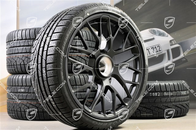 GT3 20" koła zimowe, komplet, "Turbo S" central. moc., 9J x 20 ET51 + 11J x 20 ET59 + NOWE opony zimowe Pirelli 245/35 R20+295/30 R20, czujniki RDK, czarny półmat satyna