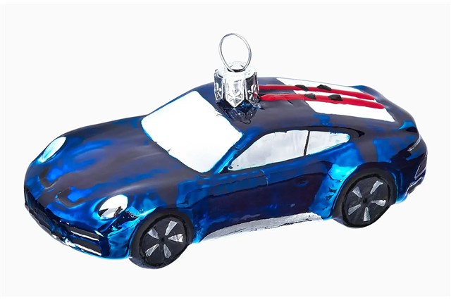 Ozdoba / bombka choinkowa Collector's Edition No. 6 – Boże Narodzenie, Porsche 911 Dakar z nartami, niebieski