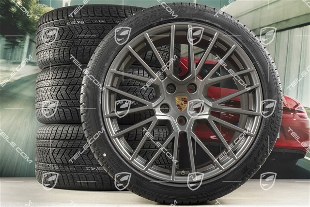 21" Cayenne COUPÉ RS Spyder Winterräder Satz, Felgen 9,5J x 21 ET46 + 11,0J x 21 ET49 + Pirelli Winterreifen 275/40 R21 + 305/35 R21, mit RDK-Sensoren, Platinum Seidenmatt