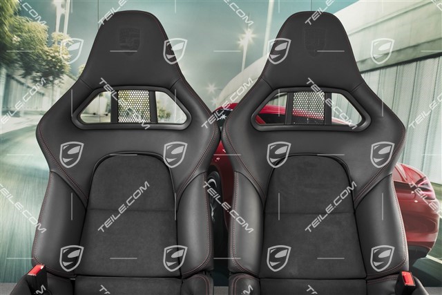 Bucket seat, collapsible, leather/Alcantara Black, seam in carmine red, with Porsche crest, set L+R
