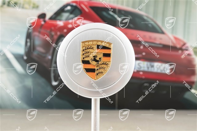 Radzierdeckel, für Innendurchmesser 71 mm, für Fuchsfelgen, eloxiert, silber mit farbigem, geprägten Porsche Wappen (orange)