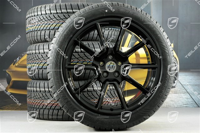 20" "Macan SportDesign" koła zimowe, komplet, felgi 9J x 20 ET26 + 10J x 20 ET19 + NOWE opony zimowe Dunlop SP Winter Sport 4D 265/45 R 20 + 295/40 R 20, z czujnikami ciśnienia RDK, czarny wysoki połysk