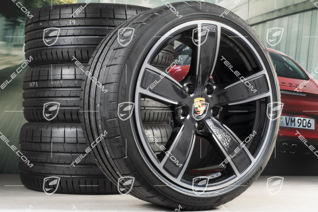 20" Carrera Sport Sommerräder Satz, Felgen 8,5J x 20 ET57 + 10,5J x 20 ET47 + Sommerreifen 235/35 ZR20 + 265/35 ZR20, mit RDK-Sensoren, schwarz hochglanz