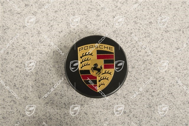 Zierdeckel für Zentralverschluss, Turbo, farbiges Porsche Wappen, Schwarz-matt