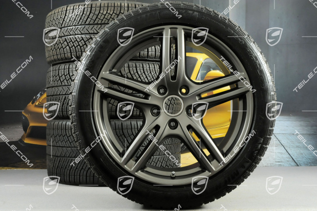 20" Winterräder Satz "Panamera Turbo", Felgen 9,5 J x 20 ET71 + 10,5 J x 20 ET71 + NEUE Michelin Pilot Alpin 4 Winterreifen 275/40 R20 + 315/35 R20, Platinum Seidenmatt