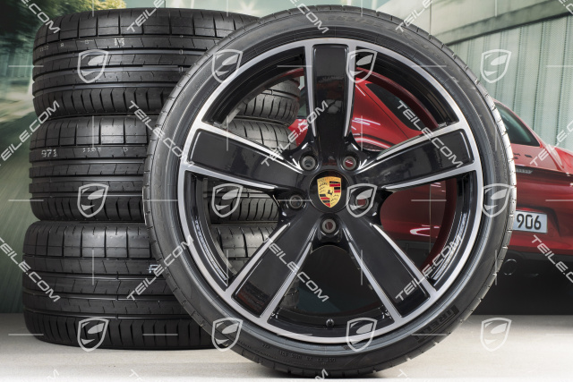 20" Carrera Sport Sommerräder Satz, Felgen 8,5J x 20 ET57 + 10,5J x 20 ET47 + Sommerreifen 235/35 ZR20 + 265/35 ZR20, mit RDK-Sensoren, schwarz hochglanz