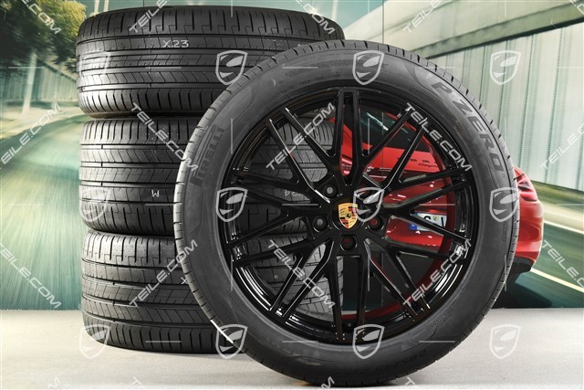 21-inch Cayenne RS Spyder Design summer wheel set, rims 9,5J x 21 ET46 + 11,0J x 21 ET58 + NEW Pirelli P Zero summer tyres 285/45 R21 + 315/40 R21, with TPMS, black high gloss