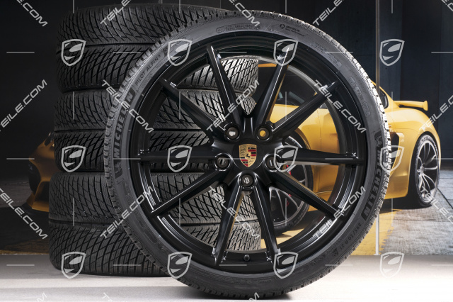 20"+21" Carrera S Winterräder Satz, Felgen 8,5J x 20 ET53 + 11J x 21 ET66 + NEUE Michelin Winterreifen 245/35 R20 + 295/30 R21, in Schwarz Seidenmatt