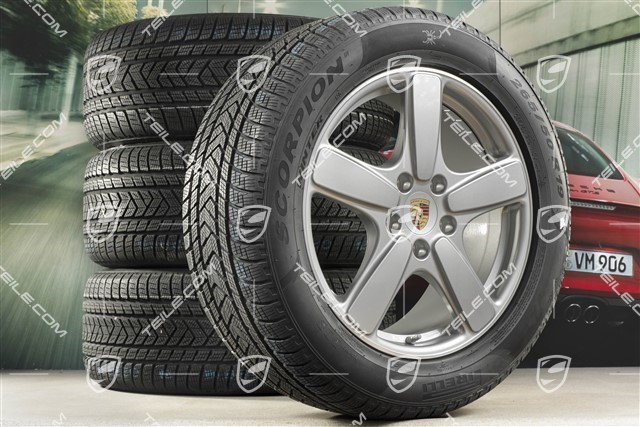 19" Winterräder Satz Cayenne Sport Classic, Felgen 8,5J x 19 ET59 + Pirelli Winterreifen 265/50 R19, in GT-Silber Metallic, mit RDK-Sensoren