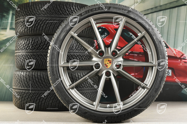 20"+21" Carrera S Winterräder Satz, Felgen 8,5J x 20 ET53 + 11J x 21 ET66 + Michelin Winterreifen 245/35 R20 + 295/30 R21, in Platinum Seidenmatt