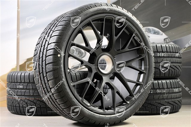 GT3 20" Winterräder Satz "Turbo S" Zentralverschluss, 9J x 20 ET51 + 11J x 20 ET59 + Pirelli Winterreifen 245/35 R20+295/30 R20, RDK-Sensoren, Schwarz Seidenmatt