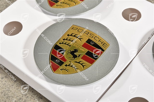 Satz Radzierkappen, farbigem Porsche Wappen GT Silber Metallic
