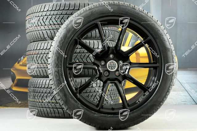 20" "Macan SportDesign" Winterräder Satz, Felgen 9J x 20 ET26 + 10J x 20 ET19 + NEUE Pirelli Scorpion Winter Winterreifen 265/45 R 20 + 295/40 R20, mit RDK-Sensoren, in Schwarz Hochglanz