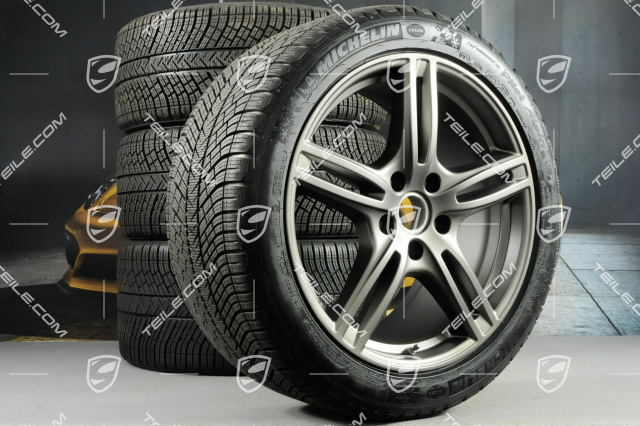 20" Winterräder Satz "Panamera Turbo", Felgen 9,5 J x 20 ET71 + 10,5 J x 20 ET71 + NEUE Michelin Pilot Alpin 4 Winterreifen 275/40 R20 + 315/35 R20, Platinum Seidenmatt