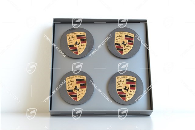 Dekielki kół - komplet (4 sztuki), kolor srebrny tytan z herbem Porsche, do kół 20" Carrera Classic