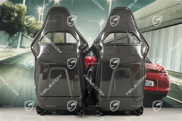 Sportowe fotele kubełkowe, składane, czarna skóra/Alkantara, nitka srebrna, z herbem Porsche, zestaw L+R