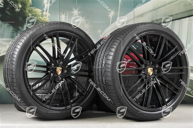 22-inch summer wheel set 911 Turbo IV Design, rims 10J x 22 ET48 + 11,5J x 22 ET61 + NEW Pirelli summer tyres 285/35 ZR22 + 315/30 ZR22,  black high gloss, with TPM