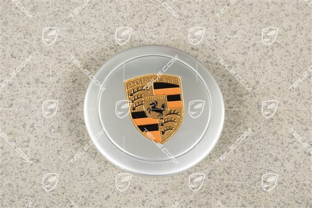 Radzierdeckel, für Innendurchmesser 71 mm, für Fuchsfelgen, eloxiert, silber mit farbigem, geprägten Porsche Wappen (orange)