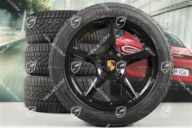 18" Boxster winter wheel set, 8J x 18 ET57 + 9J x 18 ET47 + NEW winter tyres Dunlop 235/45 R18 + 265/45 R18, black high gloss, with TPM
