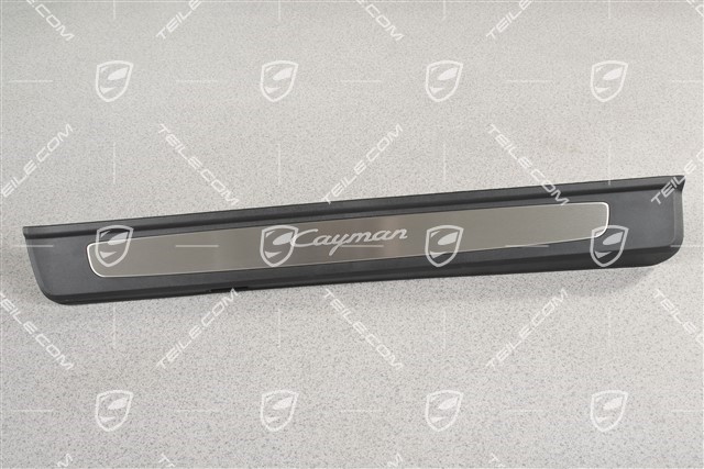 Scuff plate, Stainless steel, with "Cayman" logo, R