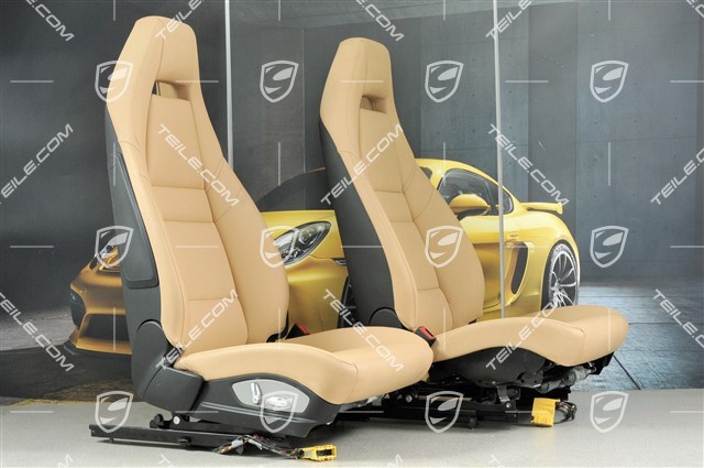Fotele, elektryczna regulacja, herb Porsche, skóropodobne, beżowo-czarne, komplet  (L+R)