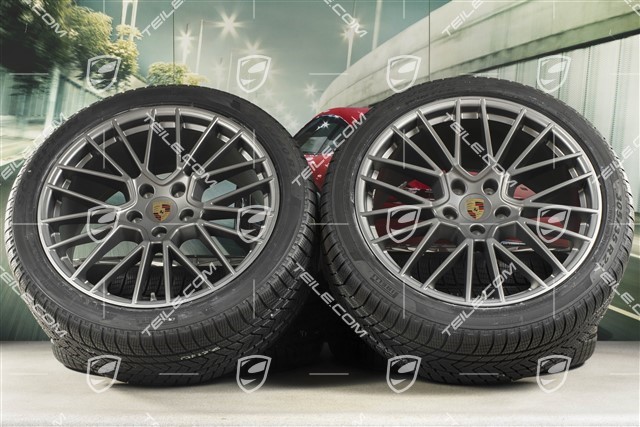 21" Cayenne COUPÉ RS Spyder Winterräder Satz, Felgen 9,5J x 21 ET46 + 11,0J x 21 ET49 + Pirelli Winterreifen 275/40 R21 + 305/35 R21, mit RDK-Sensoren, Platinum Seidenmatt