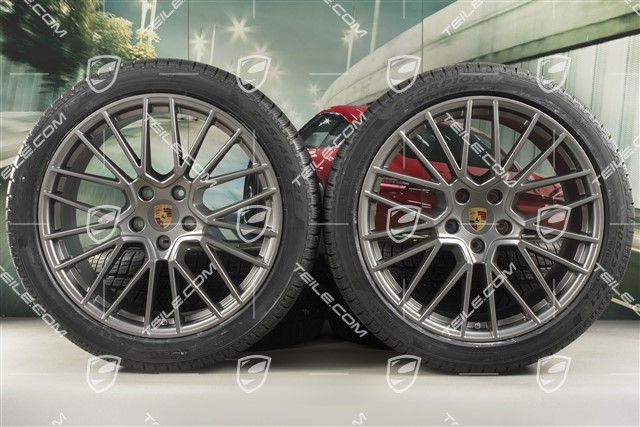 21" Cayenne COUPÉ RS Spyder Winterräder Satz, Felgen 9,5J x 21 ET46 + 11,0J x 21 ET49 + Pirelli Winterreifen 275/40 R21 + 305/35 R21, mit RDK-Sensoren, Platinum Seidenmatt