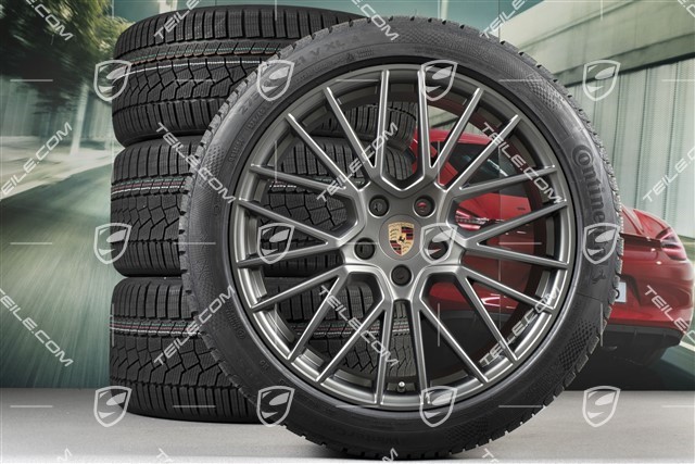 21" Cayenne RS Spyder Winterräder Satz, Felgen 9,5J x 21 ET46 + 11,0J x 21 ET58 + Continental Winterreifen 275/40 R21 + 305/35 R21, mit RDK-Sensoren, Platinum seidenmatt