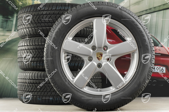 19" Winterräder Satz Cayenne Sport Classic, Felgen 8,5J x 19 ET59 + Pirelli Winterreifen 265/50 R19, in GT-Silber Metallic, mit RDK-Sensoren