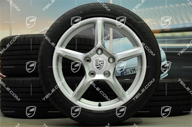18" Boxster summer wheel set, 8J x 18 ET57 + 9J x 18 ET47 + summer tyres Goodyear Eagle F1 235/45 R18 + 265/45 R18, without TPM