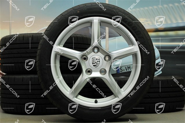 18" Boxster Sommerräder Satz, 8J x 18 ET57 + 9J x 18 ET47 + Sommerreifen Goodyear Eagle F1 235/45 R18 + 265/45 R18, ohne RDK-Sensoren