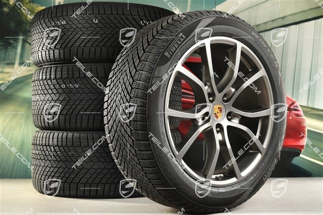 21" Cayenne COUPE Exclusive Design Winterräder Satz, Felgen 9,5J x 21 ET46 + 11,0J x 21 ET49 + Pirelli Scorpion Winter 2 Winterreifen 285/45 R21 + 305/40 R21, mit RDK-Sensoren, Platinum-Seidenmatt