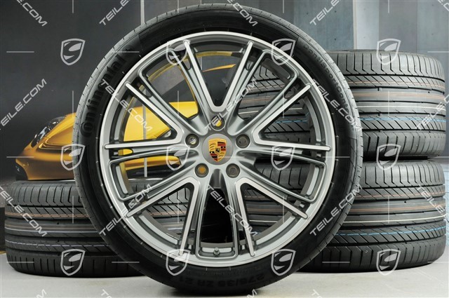 21-inch Panamera Exclusive Design summer wheel set, rims 9,5J x 21 ET71 + 11,5J x 21 ET69 + NEW Continental summer tires 275/35 ZR21 + 315/30 ZR21, with TPM