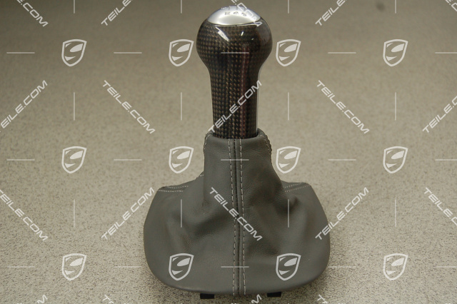 Gear shift knob CARBON, ALU-Look, for manual transmission, leather, stone grey