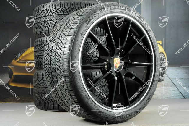 20" Carrera S (III) Winterräder Satz, 8,5J x 20 ET51 + 11J x 20 ET70 + Michelin Winterreifen 245/35 ZR20 + 295/30 ZR20, mit RDK-Sensoren, schwarz hochglanz