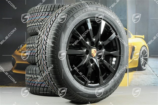18-inch Cayenne winter wheel set, wheels 8J x 18 ET53 + NEW Dunlop SP Winter Sport 3D tyres 255/55 R18, with TPMS, black high gloss
