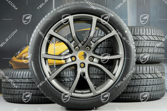 21-inch Cayenne Exclusive Design summer wheel set, rims 9,5J x 21 ET46 + 11,0J x 21 ET58 + Pirelli P Zero summer tyres 285/40 R21 + 315/35 R21, with TPMS, Platinum satin matt