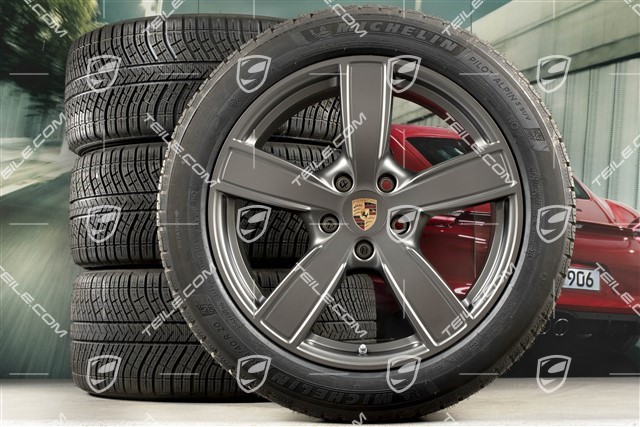 20" Cayenne Sport Classic Komfort Winterräder Satz, Felgen 9J x 20 ET50 + 10,5J x 20 ET64 + Michelin Winterreifen 275/45 R20 + 305/40 R20, mit RDK-Sensoren, Platinum Seidenmatt