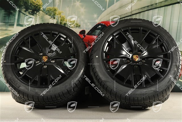 20" Turbo S Aero Design Winterräder Satz, Felgen 9J x 20 ET54 + 11J x 20 ET60 + NEUE Pirelli Winterreifen 245/45 R20 + 285/40 R20, schwarz seidenmatt