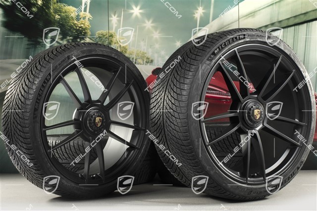 20+21-inch GTS "Turbo S" winter wheel set, central lock rims 8,5J x 20 ET50 + 11J x 21 ET66 + Michelin winter tyres 245/35 R20 + 295/30 R21, black satin matt