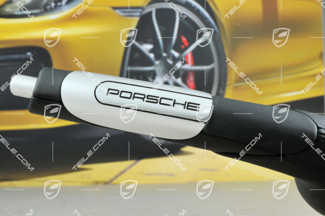 Parking-brake lever, aluminium / leather, with PORSCHE logo, metropole blue