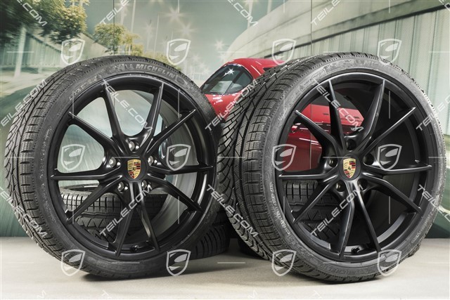 20" Carrera S winter wheels set for Cayman GT4 / Boxster Spyder, rims 8J x 20 ET57 + 10J x 20 ET45, Michelin winter tires 235/35 R20 + 275/30 R20, black (satin matt), with TPMS