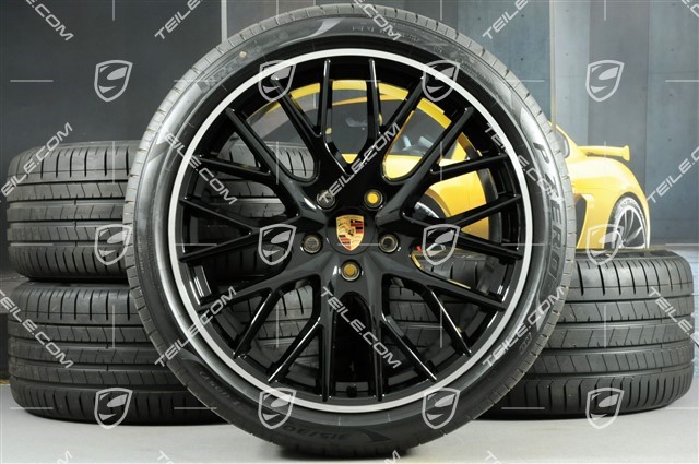 21-inch Panamera SportDesign summer wheel set, rims 9,5J x 21 ET71 + 11,5J x 21 ET69 + NEW Pirelli summer tires 275/35 ZR21 + 315/30 ZR21, with TPM, in black high gloss