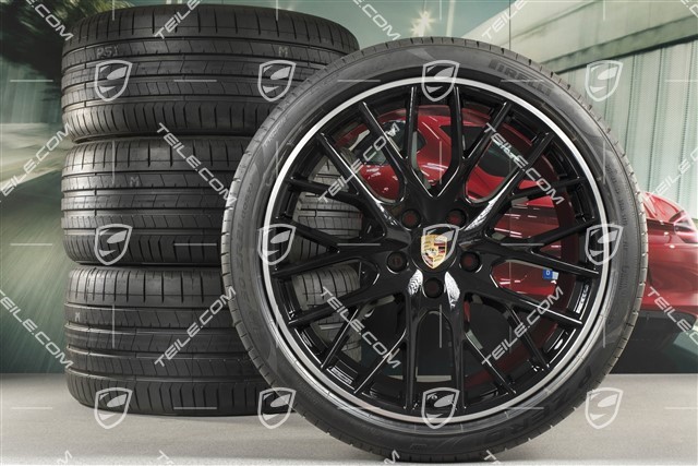 21-inch Panamera SportDesign summer wheel set, rims 9,5J x 21 ET71 + 11,5J x 21 ET69 + Pirelli summer tires 275/35 ZR21 + 315/30 ZR21, with TPM, in black high gloss