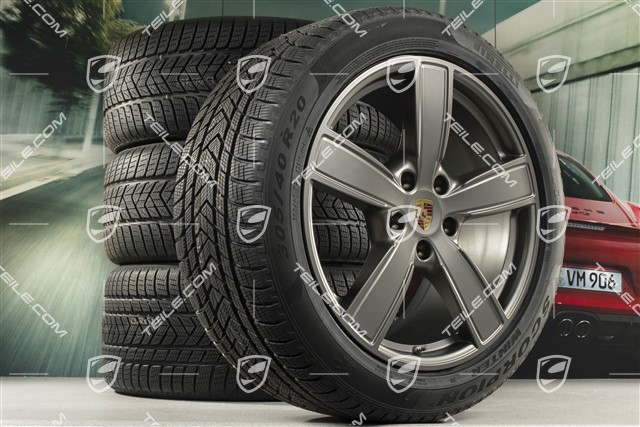 20" Cayenne Sport Classic Komfort Winterräder Satz, Felgen 9J x 20 ET50 + 10,5J x 20 ET64 + Pirelli Winterreifen 275/45 R20 + 305/40 R20, mit RDK-Sensoren, Platinum Seidenmatt