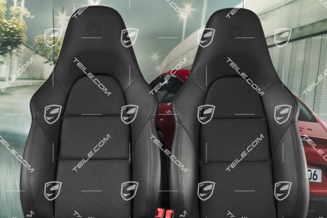 Sport Seats, el. adjustable, 18-way, heating, lumbar, leather/cloth, black, with Porsche crest, set, L+R