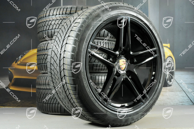 19" Winterräder Satz "Carrera", Felgen 8,5J x 19 ET50 + 11J x 19 ET77 + NEUE Continental WinterContact TS 830P Winterreifen 235/40 R19 + 295/35 R19, schwarz hochglanz