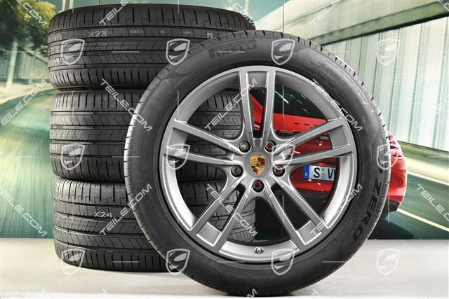 21-inch Cayenne Turbo Design summer wheel set, rims 9,5J x 21 ET46 + 11,0J x 21 ET58 + NEW Pirelli P Zero summer tyres 285/44 R21 + 315/40 R21, with TPMS, Vesuvgrau