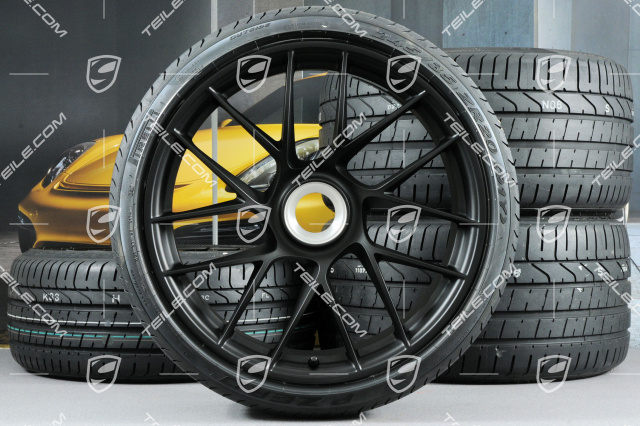 20" Sommerräder Satz Turbo Sport III für 991.2 GTS, Zentralverschluss, Felgen 9J x 20 ET51 + 12J x 20 ET63 + Sommerreifen 245/35 ZR20 + 305/30 ZR20, seidenglanz schwarz matt